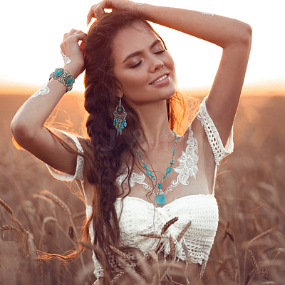 2 Sets 2 Style Synthetic Turquoise Teardrop Lariat Necklace & Chandelier & Oval Beaded Stretch Bracelet SJEW-AN0001-02-1