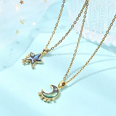 2Pcs 2 Styles Natural Paua Shell with Brass Micro Pave Clear Cubic Zirconia Pendant Necklaces NJEW-JN06078-1