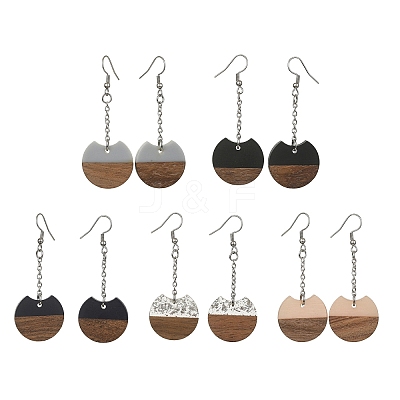Two Tone Resin & Walnut Wood Flat Round Dangle Earrings EJEW-JE05570-1