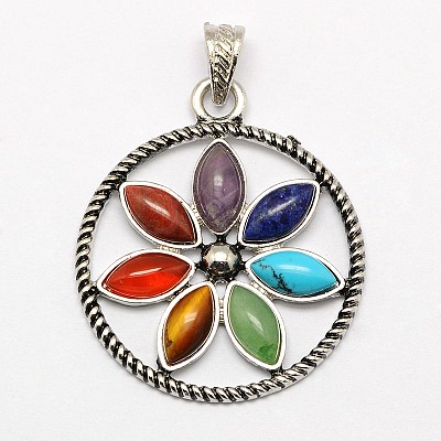 Vintage Chakra Jewelry Alloy Bezel Gemstone Pendants G-M039-03-1