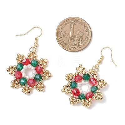 Christmas Brass Glass Bead Snowflake Dangle Earrings EJEW-TA00754-1