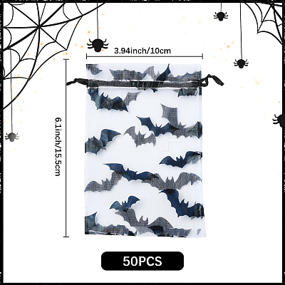 Halloween Theme Bat Printed Organza Drawstring Bags ABAG-WH20021-006D-1
