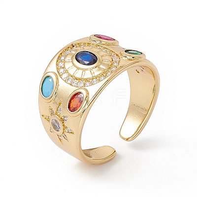 Colorful Cubic Zirconia Oval with Sun Open Cuff Ring RJEW-B043-15-1