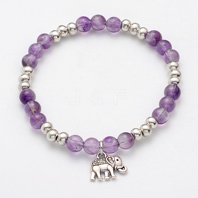 Natural Amethyst Beaded Elephant Charm Stretch Bracelets BJEW-JB01974-03-1