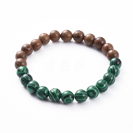  Jewelry Beads Findings Unisex Stretch Bracelets, with Synthetic Malachite Beads and Wood Beads, Round, Green, 57mm