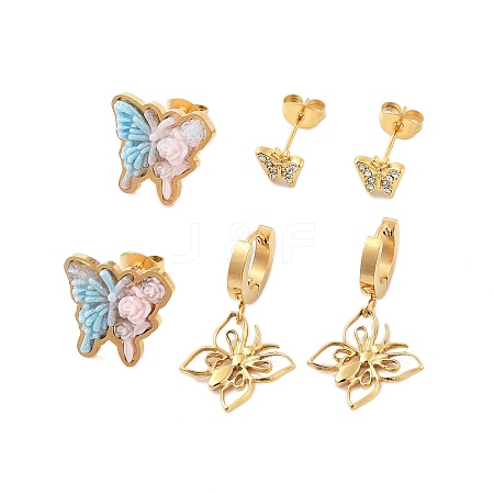 Ion Plating(IP) 3Pairs 3 Styles 304 Stainless Steel Butterfly Earrings EJEW-A114-05G-1