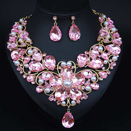 Teardrop Alloy Rhinestone Pendant Necklaces & Stud Earrings Sets for Women WG498A8-03-1