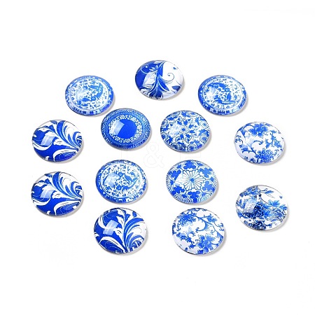 Blue and White Floral Printed Glass Cabochons X-GGLA-A002-18mm-XX-1