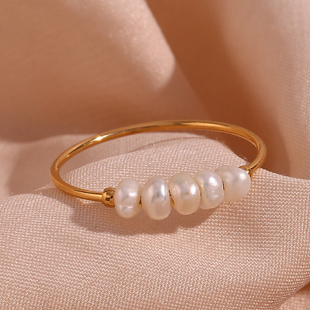 Nuggets Stainless Steel & Natural Freshwater Pearl Beads Finger Rings WG1BE4A-01-1