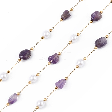 Natural Amethyst Nugget & Glass Imitation Pearl Beaded Chain CHS-C006-02F-1