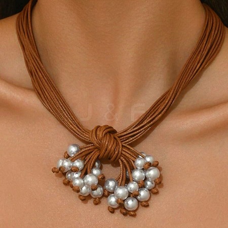 Bohemian Style Round Plastic Pearl & Resin Pendant Multi-Strand Waxed Cord Necklaces with Alloy End Chains FS-WG9073E-01-1