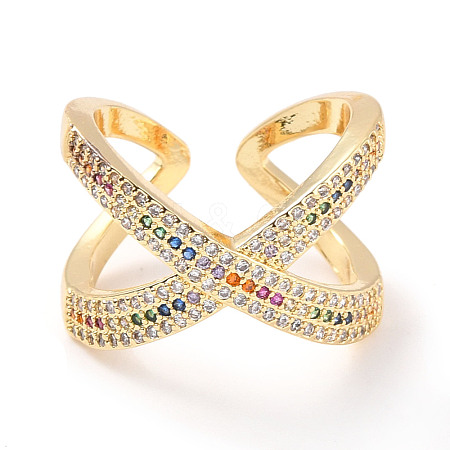 Colorful Cubic Zirconia Criss Cross Open Cuff Ring RJEW-C024-04G-1