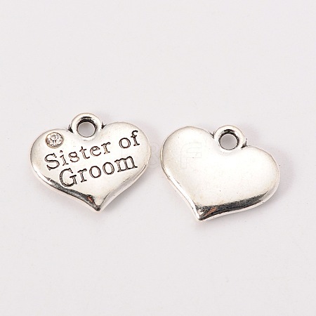 Antique Silver Tone Tibetan Style Heart with Sister of Groom Rhinestone Charms X-TIBEP-N005-08E-1