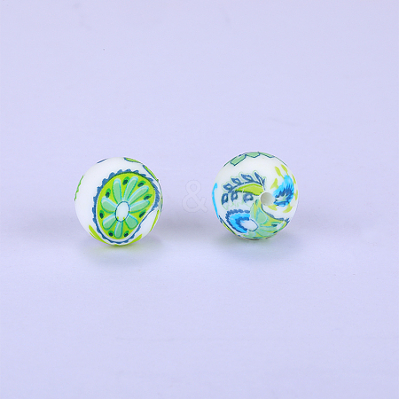 Printed Round with kiwi Pattern Silicone Focal Beads SI-JX0056A-179-1