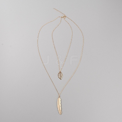 Alloy Leaf Pendant Double Layer Necklace for Women NJEW-WH0020-12KCG-B-1