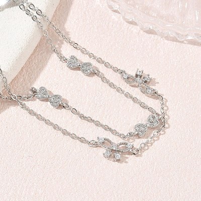 Brass Micro Pave Clear Cubic Zirconia Bowknot Link 2-Strand Bracelets KK-CBA6980-19P-1