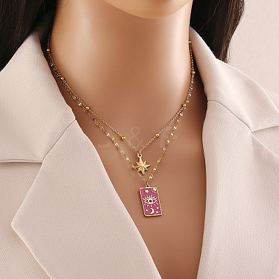 304 Stainless Steel Enamel Eye Star Pendant Double Layer Necklaces for Women STAS-Z105-05G-1
