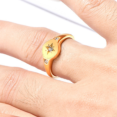 Flat Round with Star Pattern 304 Stainless Steel Micro Pave Clear Cubic Zirconia Finger Rings FS-WG7CEF6-02-1