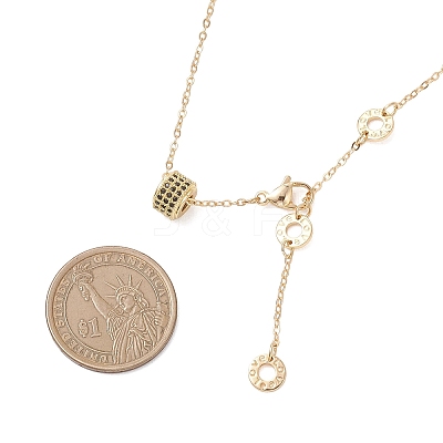 Brass Micro Pave Black Cubic Zirconia Column Bead and Love Disc Pendant Cable Chain Necklaces NJEW-JN05767-1
