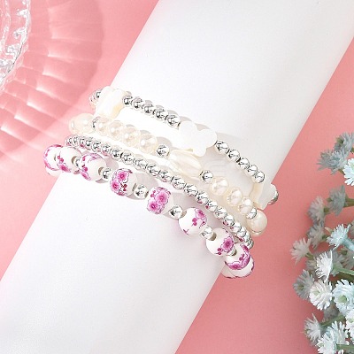 4Pcs 4 Styles Printed Porcelain Beads & Synthetic Hematite Beads & Shell Beads & ABS Plastic Pearl Stretch Bracelets Sets for Women BJEW-JB14203-02-1