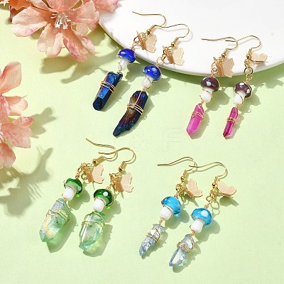 4 Pairs 4 Color Dyed Natural Quartz Crystal Nugget & Mushroom Lampwork Dangle Earrings EJEW-TA00335-1