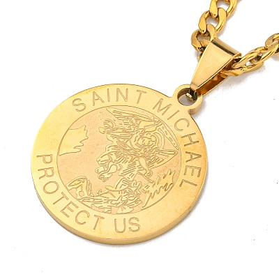 Flat Round with Saint Miller Archangel Pendant Necklaces LS-NJEW-S422-03G-1