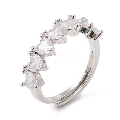 Clear Cubic Zirconia Heart Adjustable Ring RJEW-F124-05P-1
