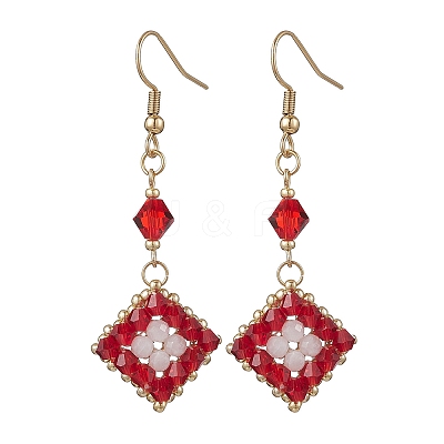 304 Stainless Steel Handmade Glass Seed Beads Rhombus Dangle Earrings EJEW-MZ00517-02-1