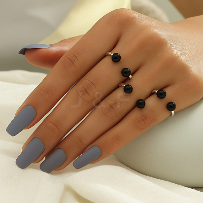 2 Sets 2 Colors Brass Plastic Pearl Finger Rings Sets for Women RJEW-GO0001-26-1