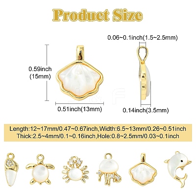 6Pcs 6 Styles Ocean Themeed Brass Pave Natural White Shell Pendants KK-CJ0003-66-1