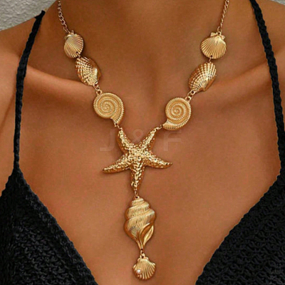 Ocean Iron Conch Shell Starfish Shape Pendant Y Necklaces for Vacation Beach Travel Jewelry YJ1922-1