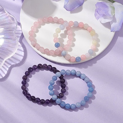 4Pcs Constellation 8mm Round Natural Amethyst & Rose Quartz & White Jade Imitation Aquamarine & White Jade Imitation Morganite Beaded Stretch Bracelets for Women BJEW-JB10633-1