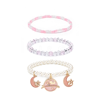 3Pcs 3 Style Shell Pearl & Glass Seed Beaded Stretch Bracelets Set BJEW-JB08705-02-1