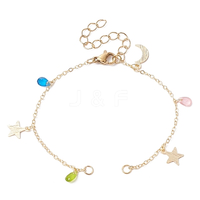 Star & Moon Brass Link Chain Bracelet Making AJEW-JB01150-33-1
