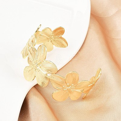 Brass Flower Cuff Bangles for Women BJEW-A090-01G-1