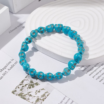Synthetic Turquoise(Dyed) Skull Stretch Bracelet BJEW-JB08068-01-1