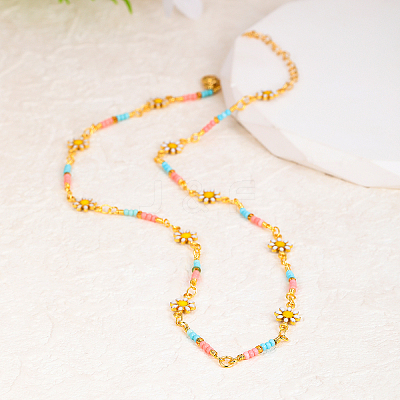 Bohemian Beach Vacation Brass Enamel Sunflower Handmade Link Chain Necklaces Women's Date Gift HM4276-1