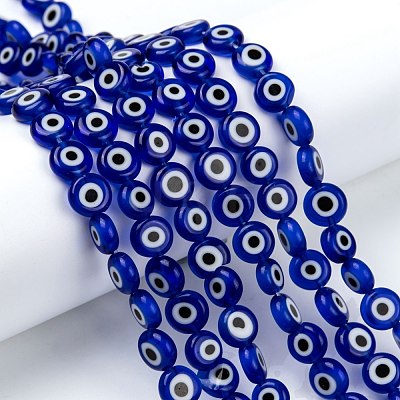 Handmade Evil Eye Lampwork Flat Round Bead Strands X-LAMP-L058-8mm-04-1