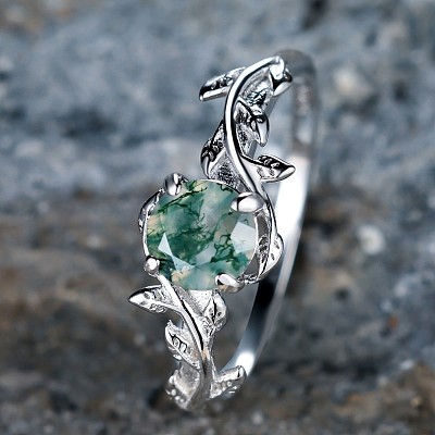 Oval & Leaf 925 Sterling Silver with Moss Agate Finger Rings FS-WGF1EFD-05-1