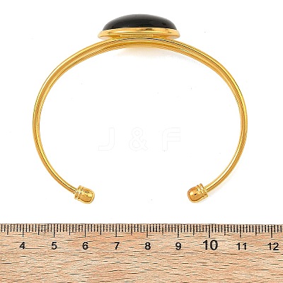 Natural Mixed Gemstone Flat Round Brass Hollow Cuff Bangles for Women BJEW-JB14330-02-1