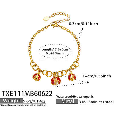 304 Stainless Steel Micro Pave Clear Cubic Zirconia Enamel Ladybug Charm Bracelets for Women WG77B69-02-1