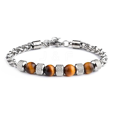 Natural Tiger Eye Beaded Bracelets with Stainless Steel Wheat Chains WG95907-01-1