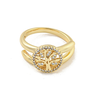 Rack Plated Brass Micro Pave Clear Cubic Zirconia Round with Tree of Life Finger Rings for Women RJEW-Z039-02G-1-1