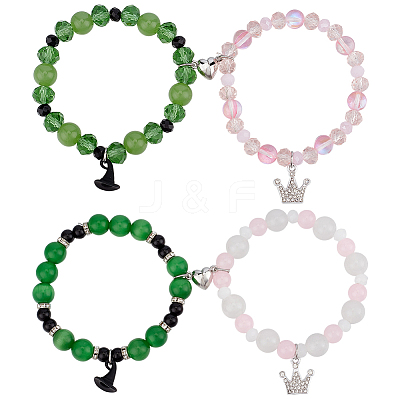 4Pcs 4 Styles Witch Hat Crown Alloy Charm Glass & Synthetic Moonstone & Cat Eye Beaded Stretch Bracelet Sets BJEW-PH01982-1