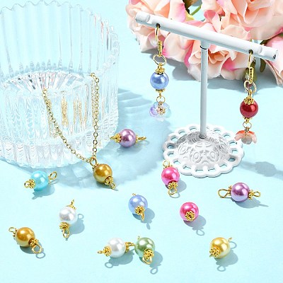 100Pcs 10 Styles Round Baking Paint Pearlized Glass Pearl Connector Charms PALLOY-CJ00118-1