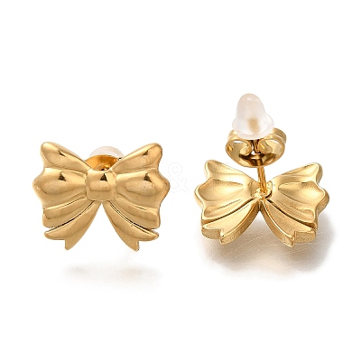 304 Stainless Steel Bowknot Stud Earrings EJEW-Z077-01G-1