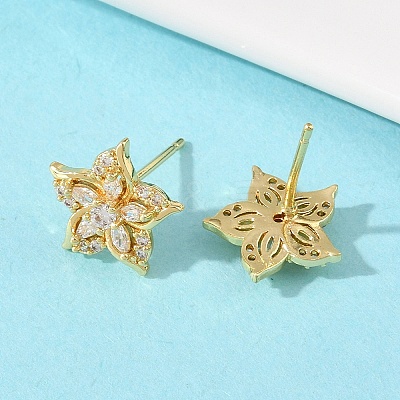 Flower Brass Micro Pave Clear Cubic Zirconia Stud Earrings EJEW-F400-01D-G-1