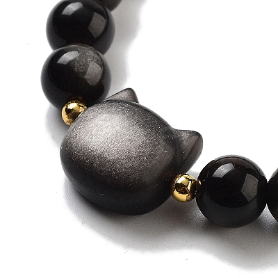 Round & Cat Head Natural Obsidian Beaded Stretch Bracelets for Women BJEW-K251-03F-1