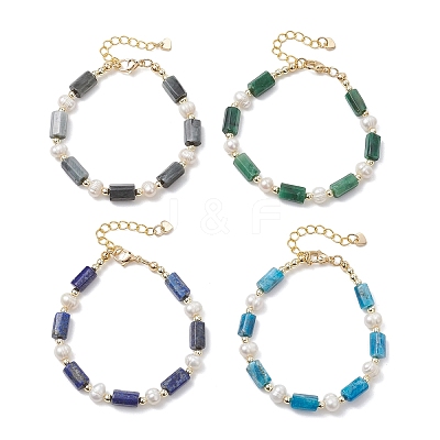 Natural Lapis Lazuli/Natural Apatite/Natural Hawk's Eye/Natural Emerald Column Beaded Bracelets for Women BJEW-JB13115-1