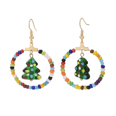 Glass Seed Beaded Ring with Lampwork Christmas Tree Dangle Earrings EJEW-TA00231-1